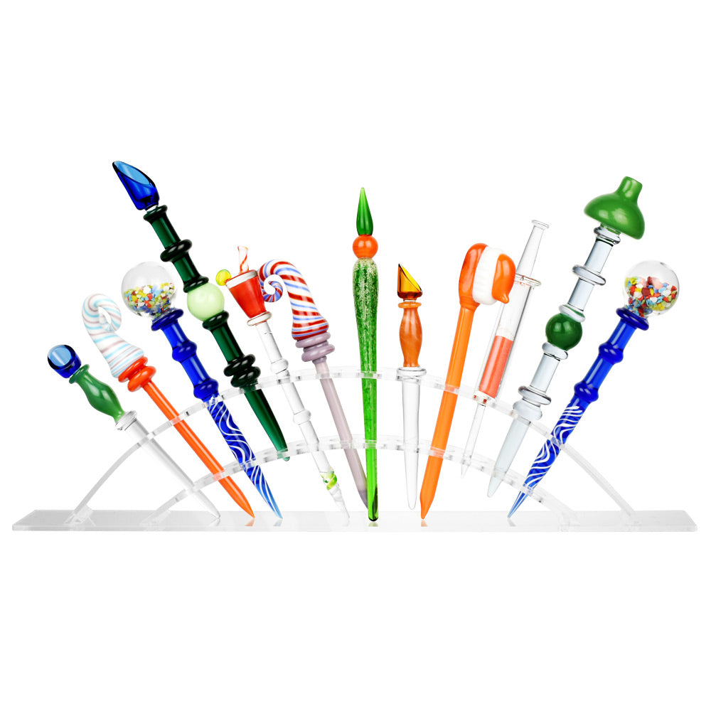 Acrylic Dab Tool Display Stand showcasing various colorful dab tools in a front view