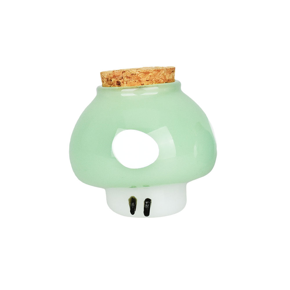 Cute Glass Mushroom Stash Jar with Cork Lid for Dry Herbs, Front View, 2" Tall