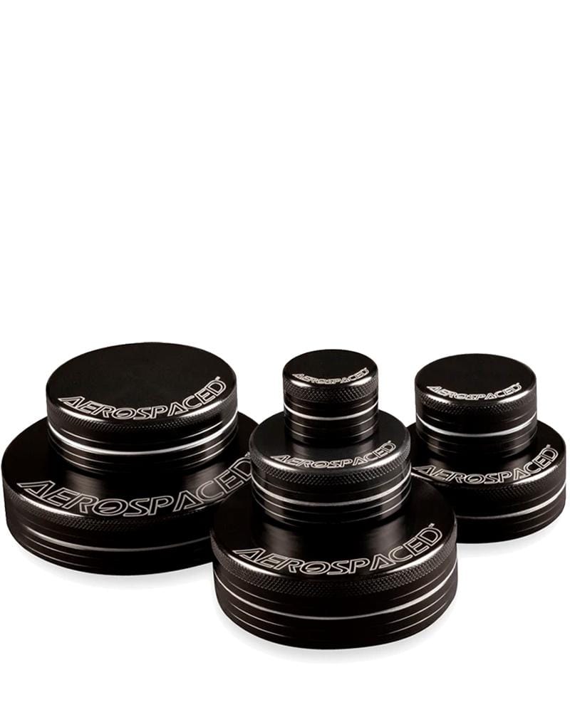 Aerospaced 2 Piece Aluminum Grinders in various sizes, portable design, black color