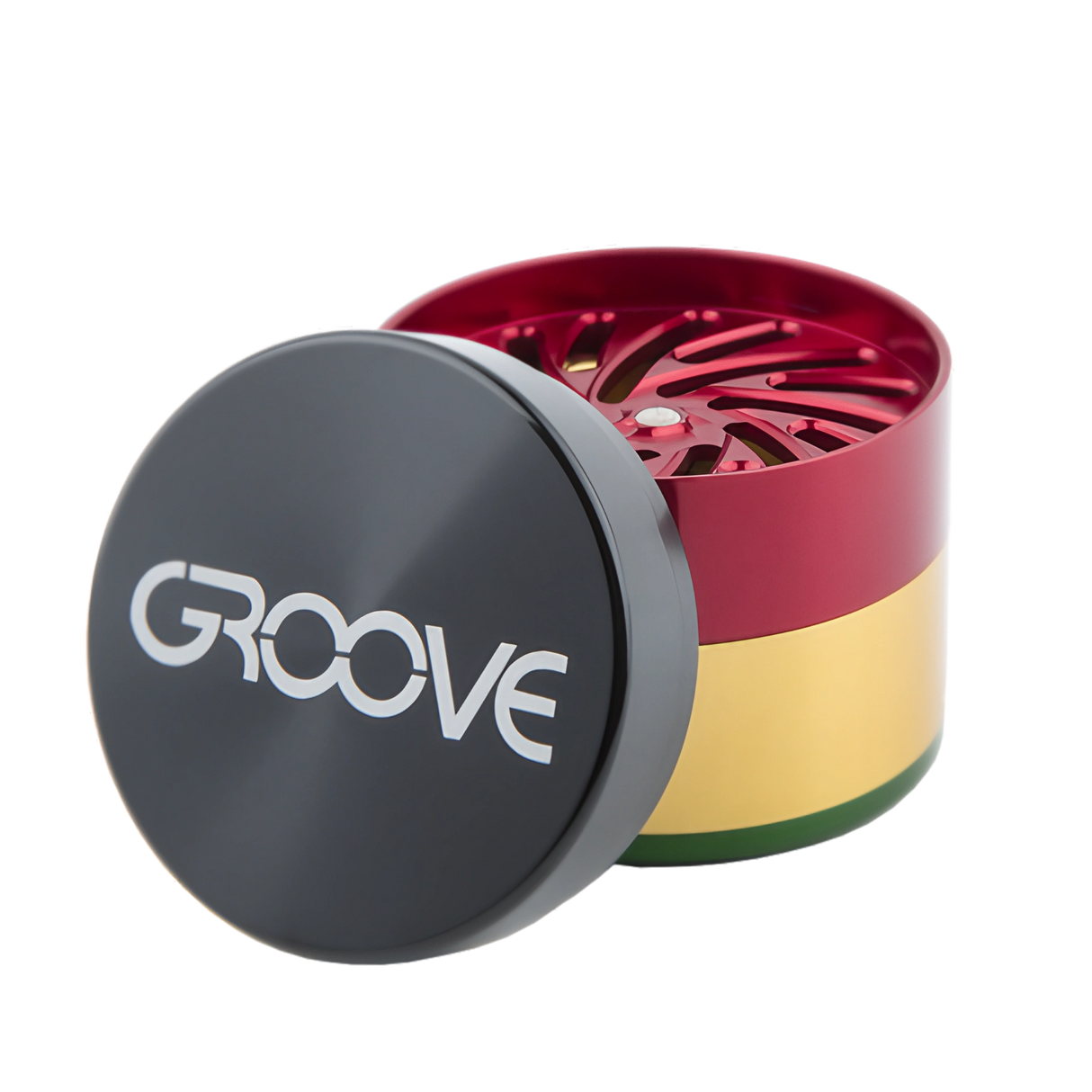 Aerospaced Groove 4-Piece Grinder in Rasta colors, compact and portable design, side view
