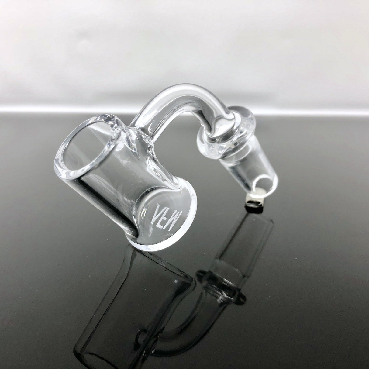 AFM Flat Top Bell Bottom Quartz Banger, 3mm Thick, 20mm Wide, Angled Side View on Reflective Surface