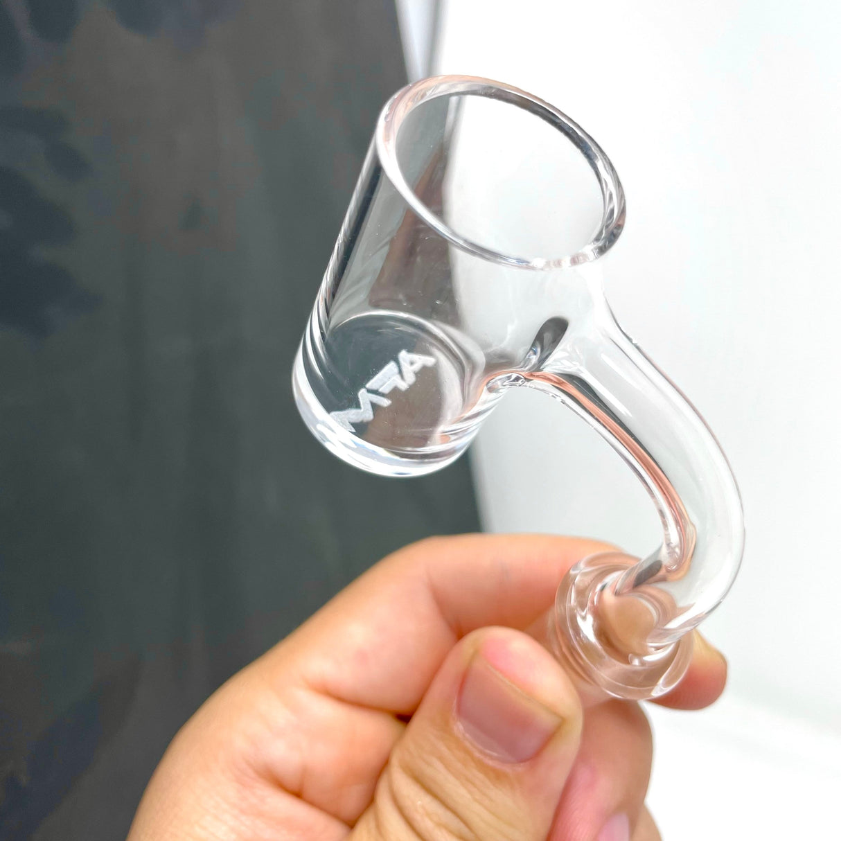 AFM Full Weld Quartz Banger held in hand, 2mm thick 25mm bottom, clear view for dab rigs
