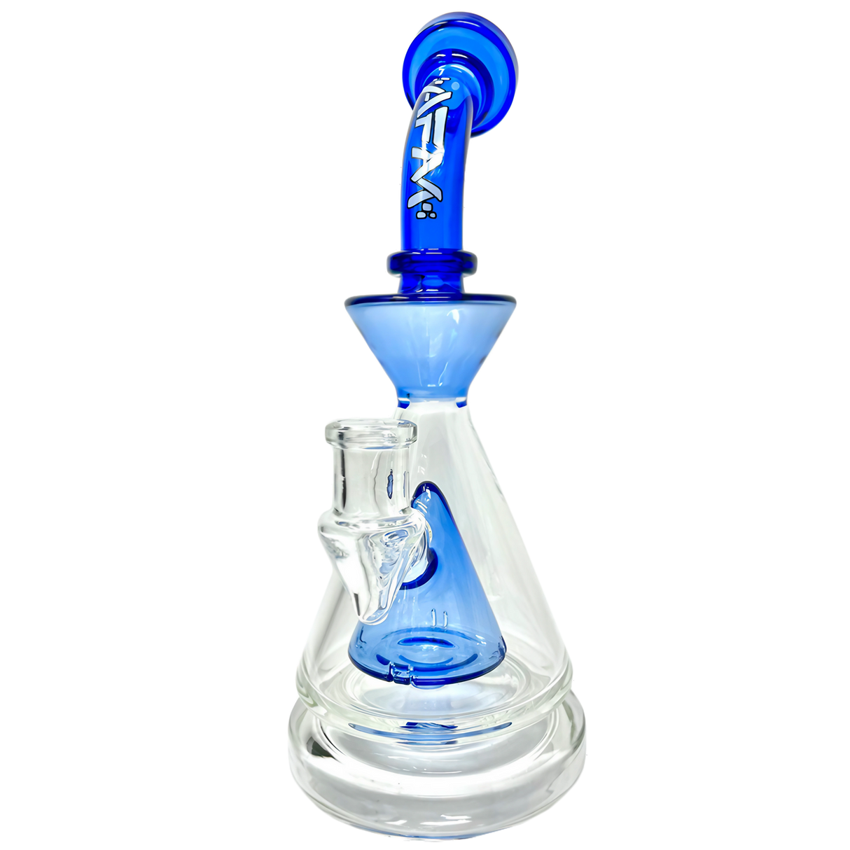 AFM Pyramid Platform Rig in Blue, 9" with Slitted Pyramid Percolator, 90 Degree Joint - Front View