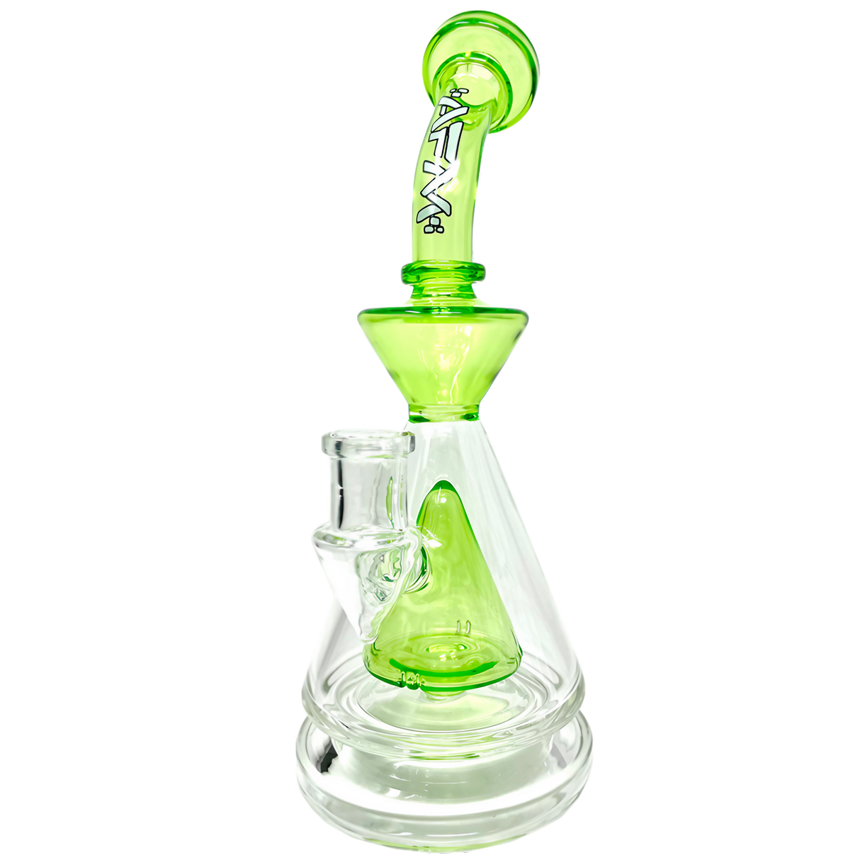 AFM Pyramid Platform Rig in Slyme color, 9" tall with slitted pyramid percolator and 90-degree joint