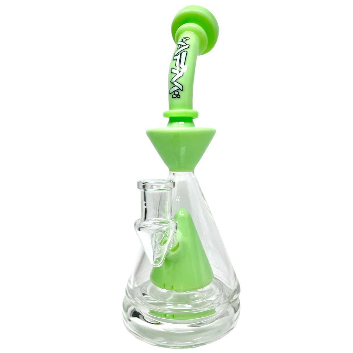 AFM - Pyramid Platform Rig in Slyme Green, 9" with Slitted Pyramid Percolator, 90 Degree Joint - Front View