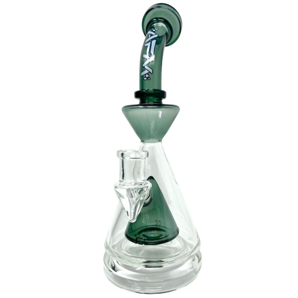 AFM Pyramid Platform Rig in Smoke color, 9" tall with slitted pyramid percolator, 90-degree joint, front view