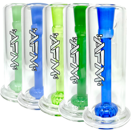 AFM Tall Boy Shower Head Ash-catchers 5" in blue, green, and clear variants, angled view