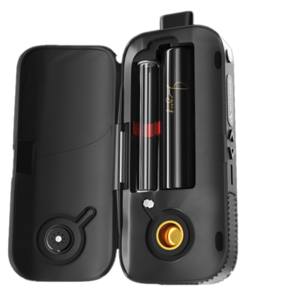 AirVape Legacy Portable Vaporizer in black, open view showing ceramic chamber and battery