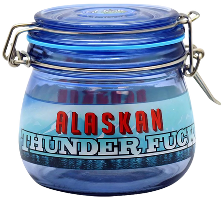 Alaskan Thunderfuck borosilicate glass jar for dry herbs, medium size, front view on white background