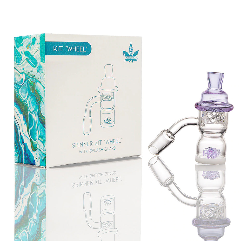 aLeaf Quartz Banger Spinner Kit 'Wheel' 14mm Male Joint with Box on Reflective Surface