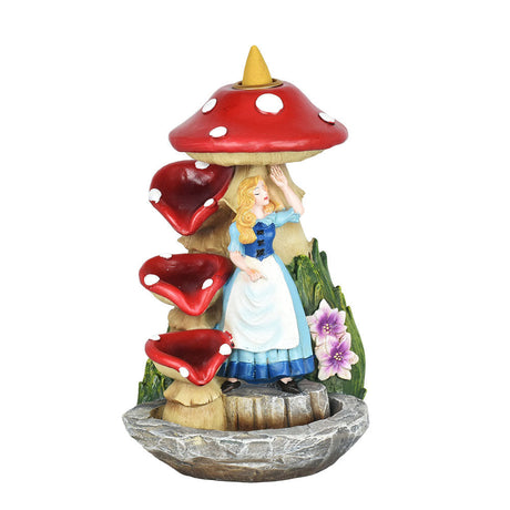 Alice In Wonderland themed mushroom-shaped backflow incense burner with a 7" height, front view