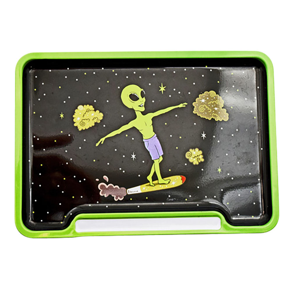 Alien Doobie Surfer Small Rolling Tray, 8" x 5.75", with Fun Novelty Design, Top View