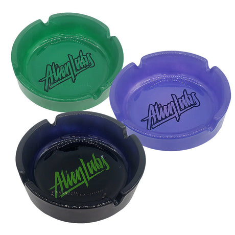 Alien Labs Glass Ashtrays in Black, Green, and Purple with Logo - Top View