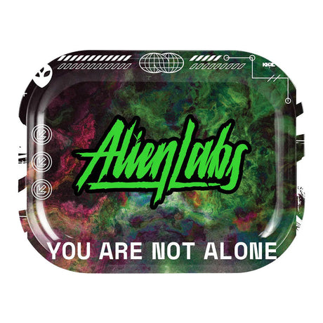 Alien Labs Metal Rolling Tray with 'You Are Not Alone' design, compact and portable, top view