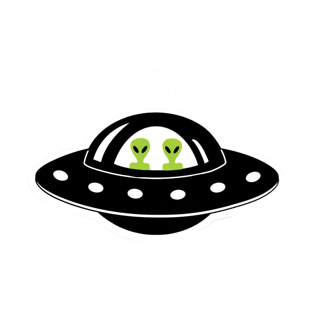 Alien Twins in Flying Saucer Sticker, green on black design, fun novelty gift, USA made