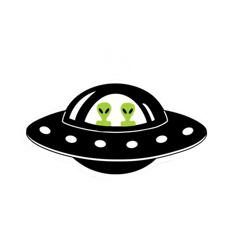 Green Alien Twins in Flying Saucer Sticker, Fun Novelty Design, Small Size, USA Made