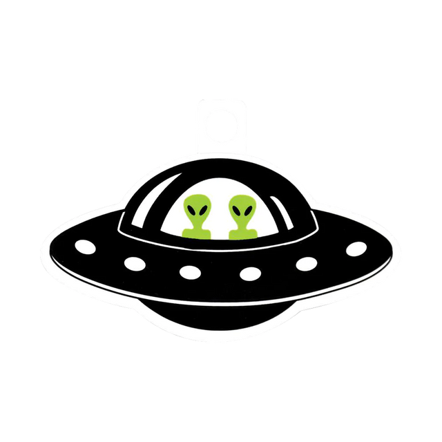 Green Alien Twins in Flying Saucer Sticker, Fun Novelty Design, Small Size, USA Made