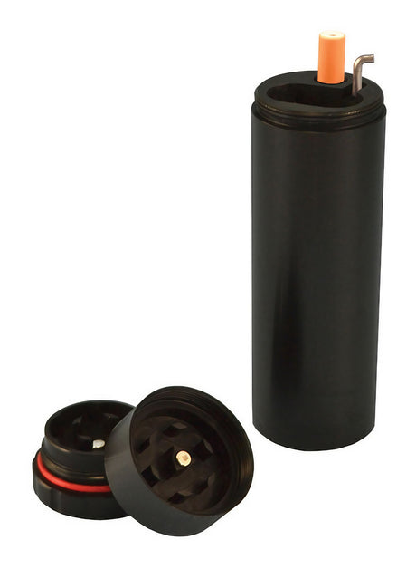Black All In 1 Metal Dugout with Poker & Grinder, Chillum One-Hitter, Front View on White