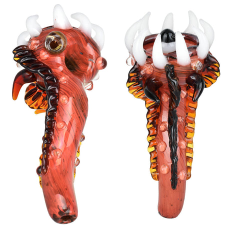 All Twisted Up All Seeing Monster Alien Hand Pipe, 6.25" Heady Glass, Black & Red, Front and Side Views