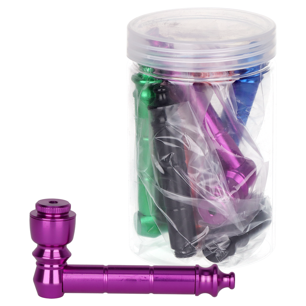 Aluminum hand pipe with lid, 3.25 inches long, a discreet metal pipe for dry herb sold in a 5-count jar