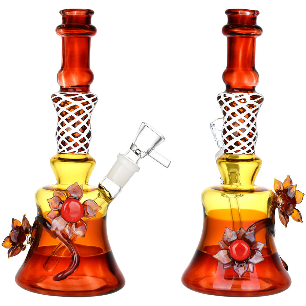 Amber Autumn Flower Water Pipe, 8.5" tall, 14mm female joint, beaker design with intricate glass flowers