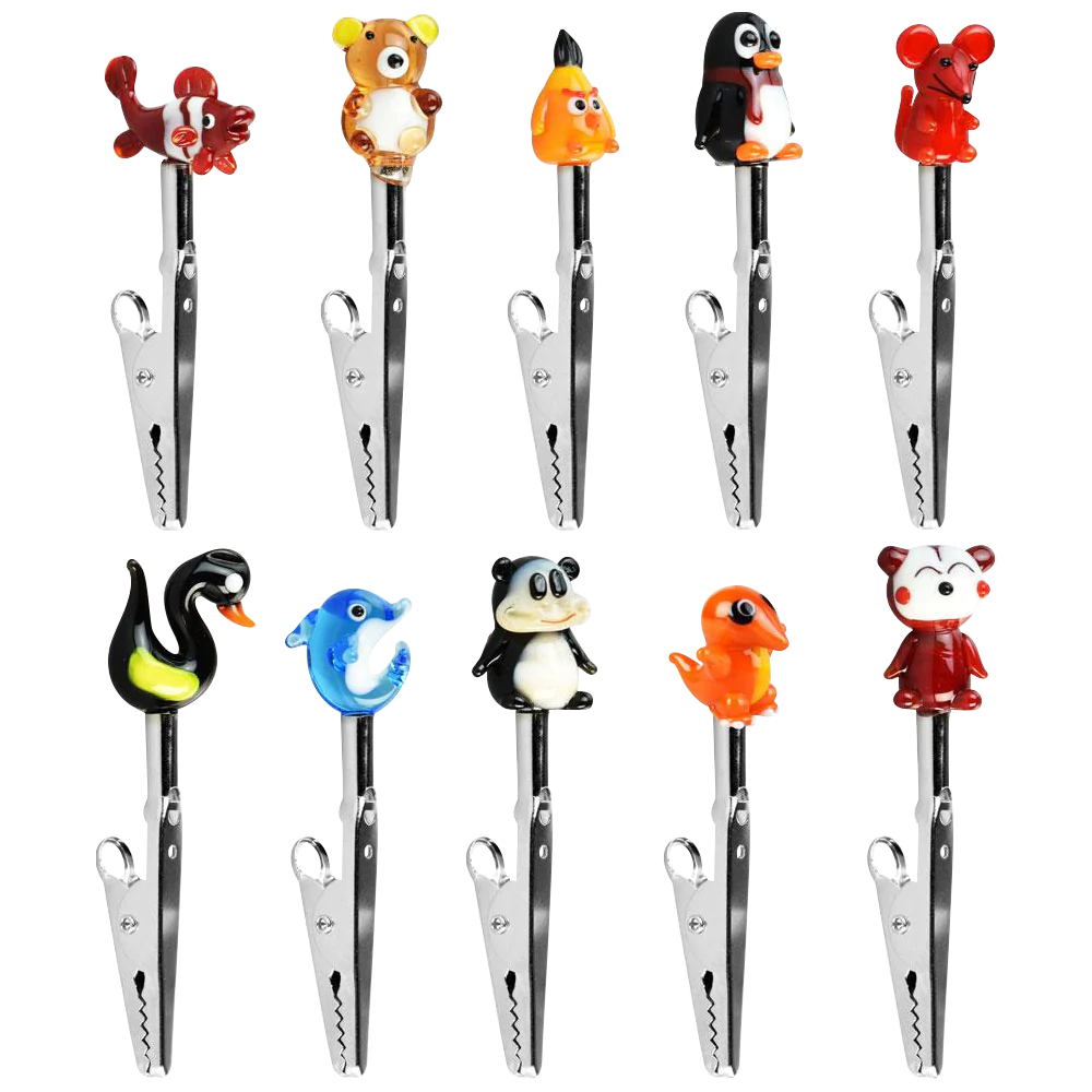Assorted animal-style borosilicate glass memo clips, 30 pack, front view on striped background