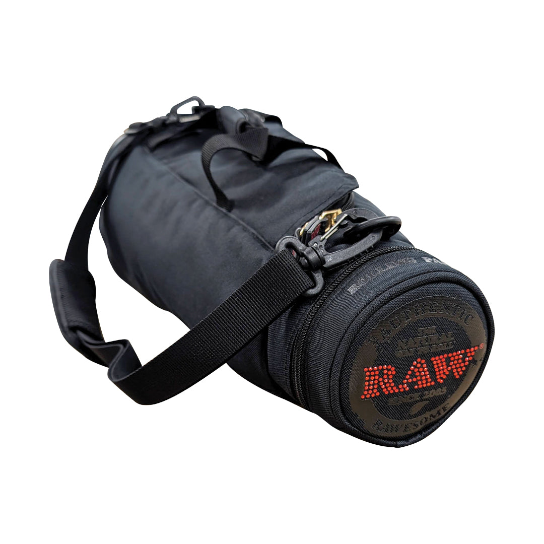 RAW Multi-Compartment Cone Duffel Bag with adjustable strap and secure zippers, side view