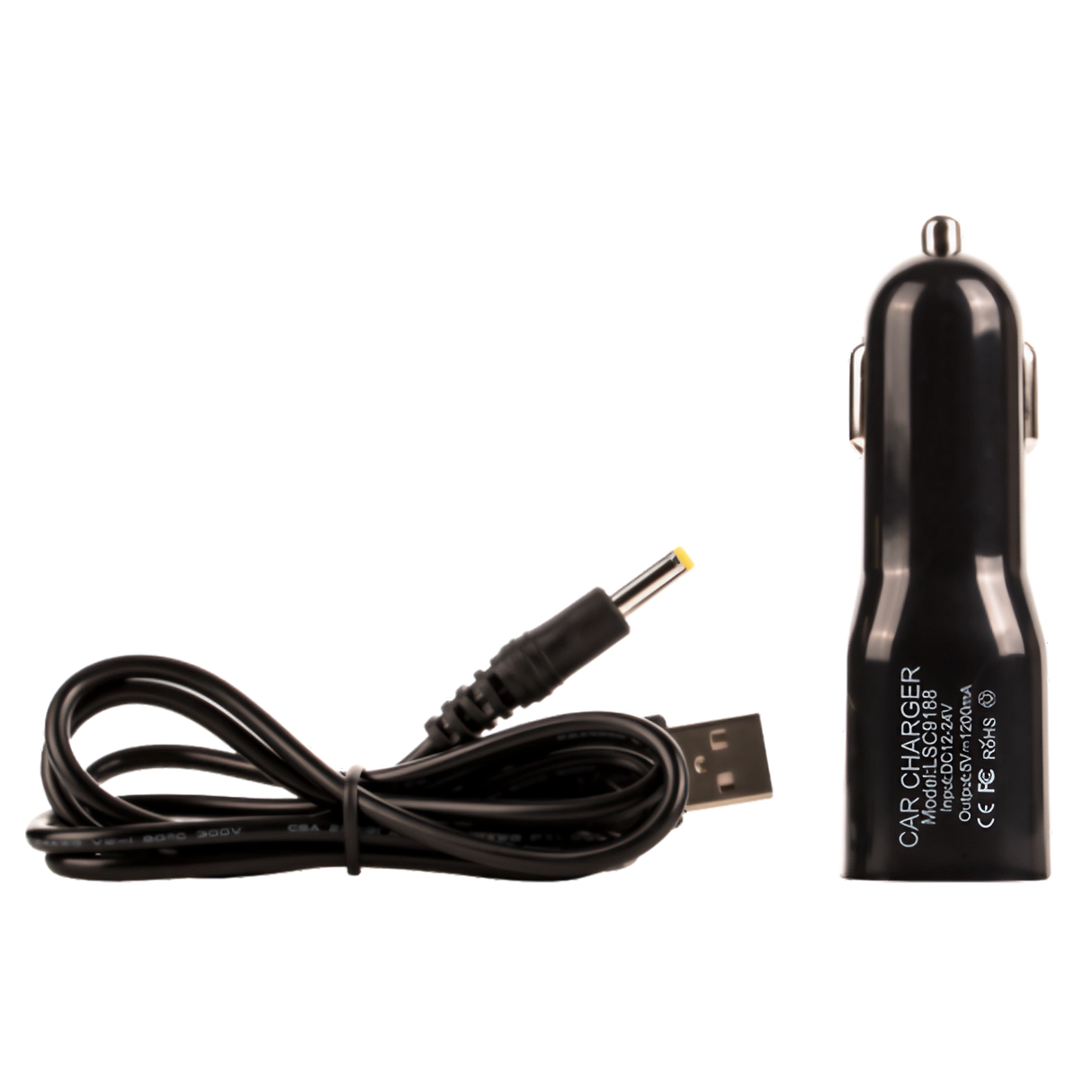 Arizer Air Car Charger in black, portable design for vaporizers, side view on white background