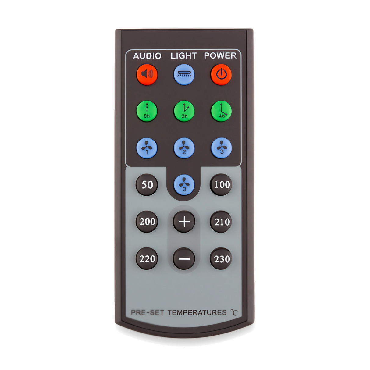 Arizer Extreme Q Vaporizer Remote Control, front view on white background, with preset temperature buttons