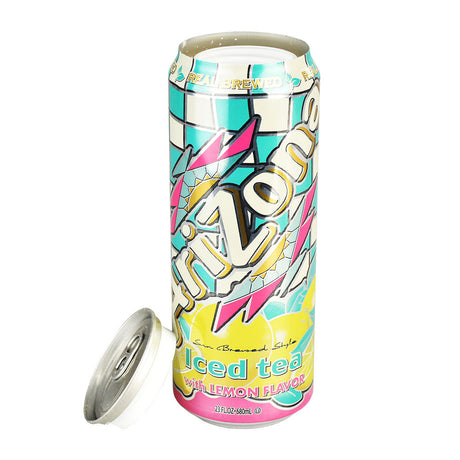 AriZona Iced Tea Can Diversion Safe, 23oz Lemon Flavor, Front View with Open Top