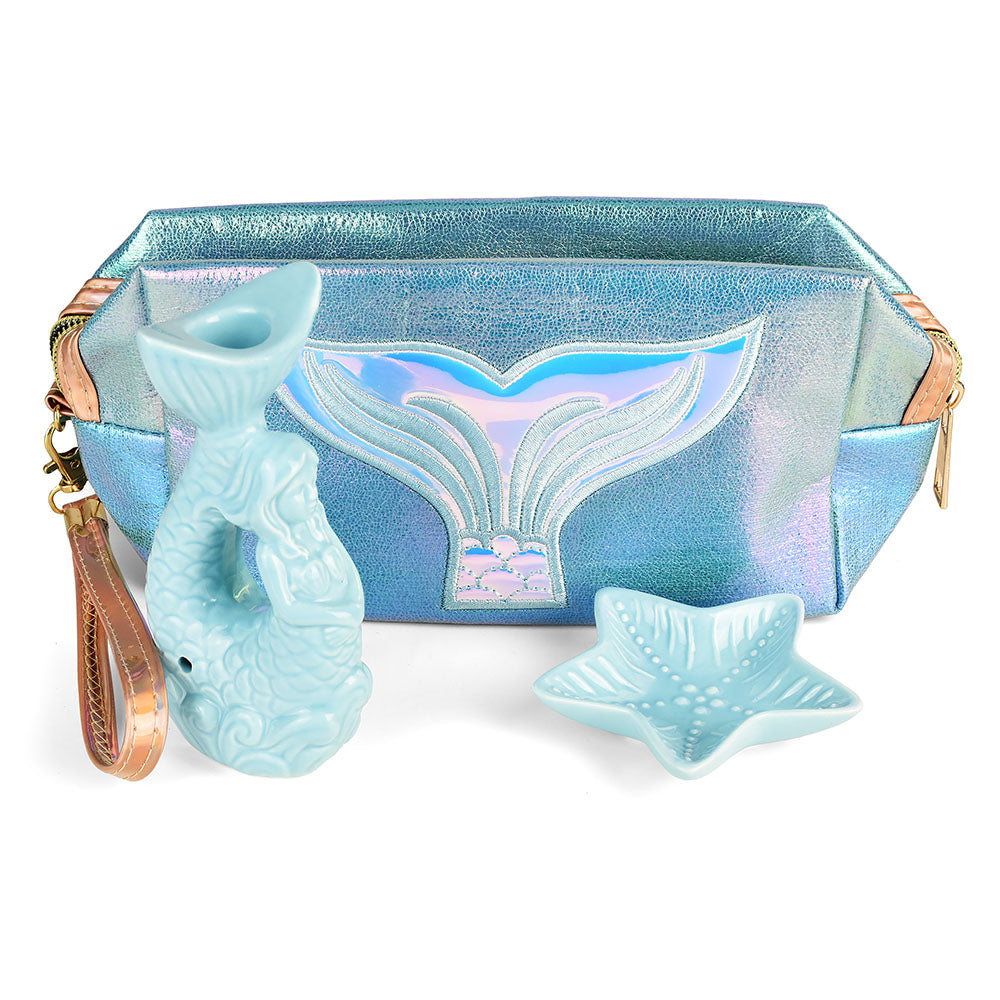 Art of Smoke Mermaid Ceramic Pipe in Blue with Matching Star Dish and Shiny Carry Bag