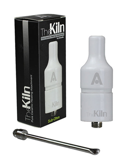 Atmos Kiln ceramic e-nail in white with packaging, battery-powered, compact design, for vaporizers