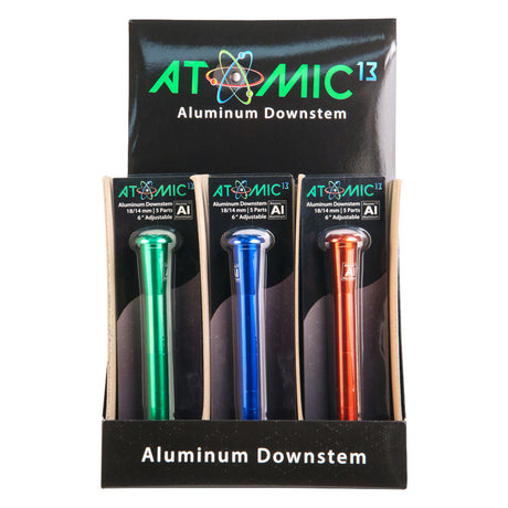 Atomic 13 Adjustable Aluminum Downstems in green, blue, and red colors on display