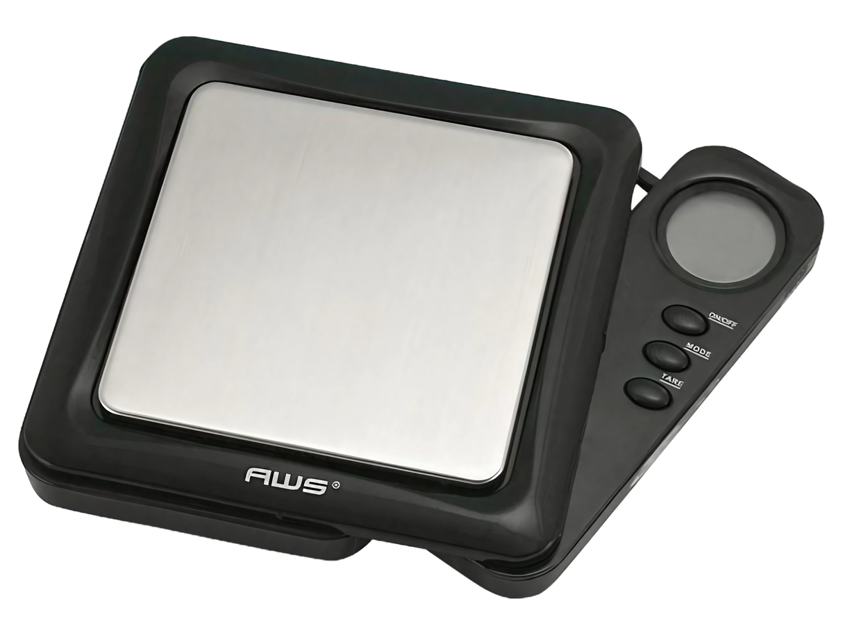 AWS Blade Style Digital Scale in Black, 100g x 0.01g accuracy, portable design with tray, angled view