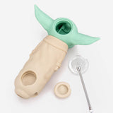 Baby Yoda-themed silicone hand pipe by PILOT DIARY, 4.5" with glass bowl, top view