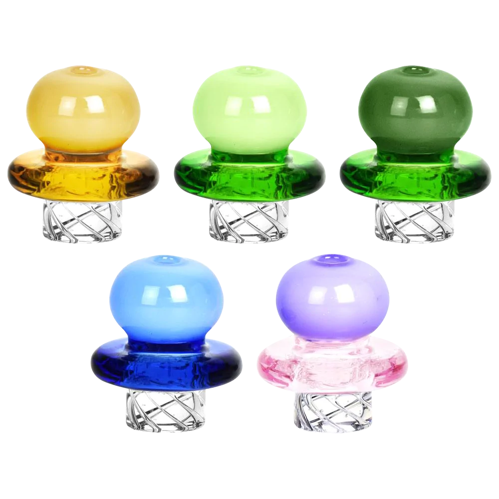 Assorted colors Ball Matrix 32mm Glass Carb Caps for concentrates, front view on white background