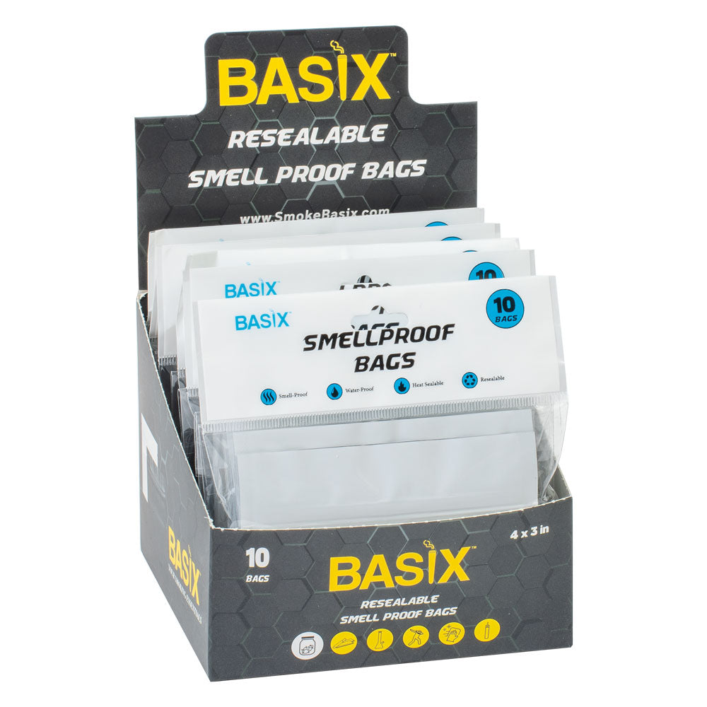 Basix Smellproof Bags 10pk in display box, resealable for dry herbs, medium size, black and white