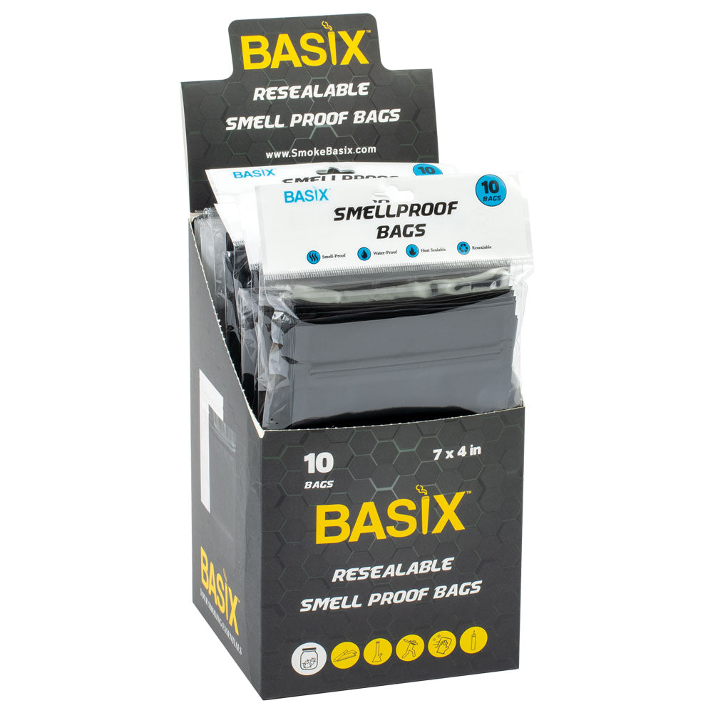 Basix Resealable Smellproof Bags in 12pc display box, 10-pack, black and white assorted sizes