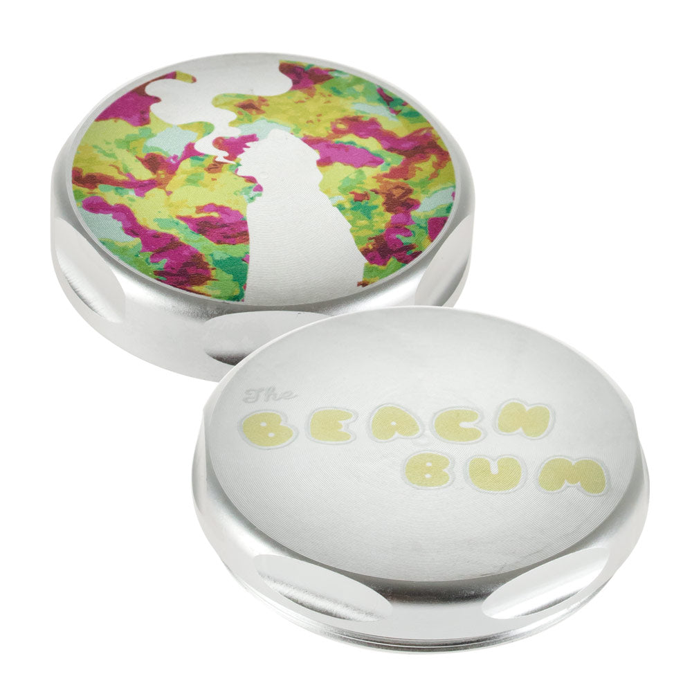 Beach Bum 4-Piece Aluminum Grinder, 55mm, with vibrant tie-dye top design, front view