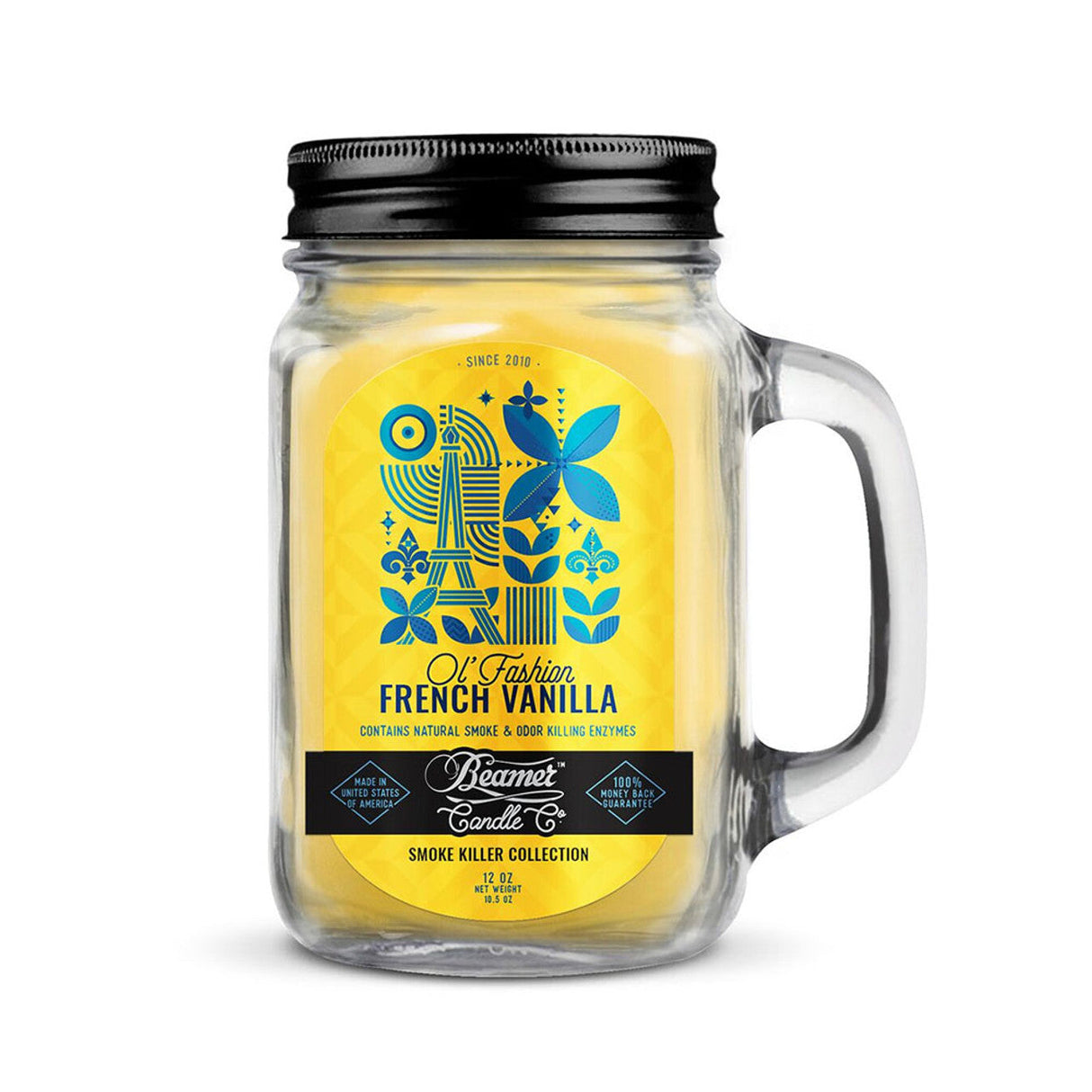 Beamer Candle Co. 12 oz French Vanilla Smoke Killer Candle in Glass Mason Jar