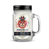 Beamer Candle Co. Smoke Killer 12 oz mason jar candle, front view with vibrant skull design
