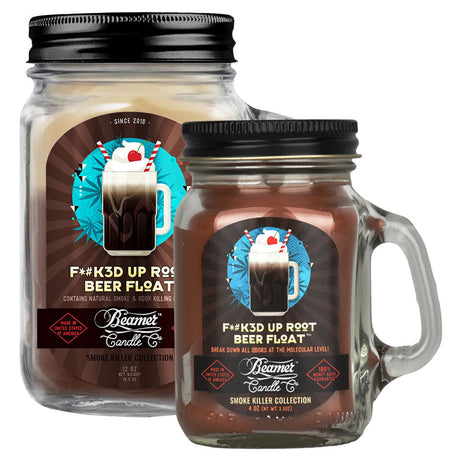 Beamer Candle Co. large mason jar soy wax candle with F*#K3D Up Root Beer Float scent, front view