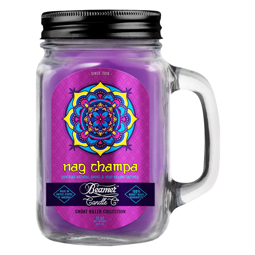 Beamer Candle Co. Nag Champa Scented Mason Jar Candle - Front View on White Background