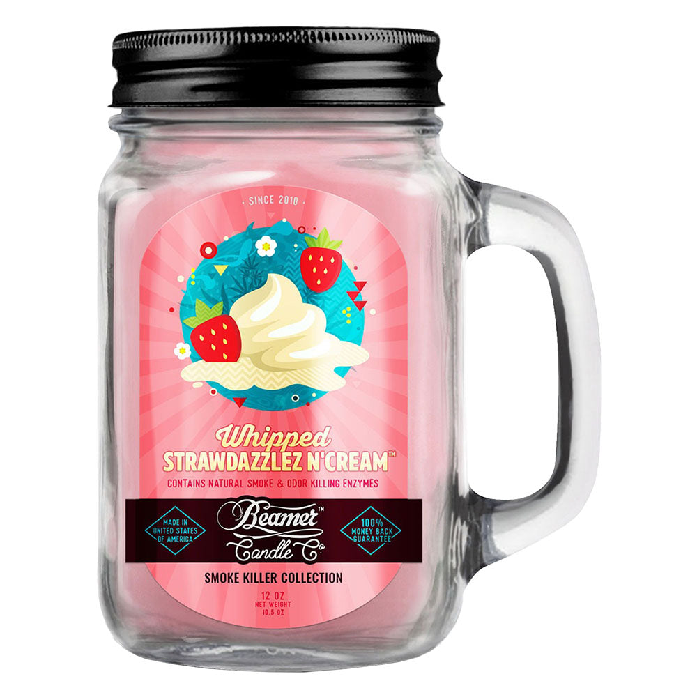 Beamer Candle Co. large mason jar candle with Whipped Strawdazzlez N' Cream scent, front view