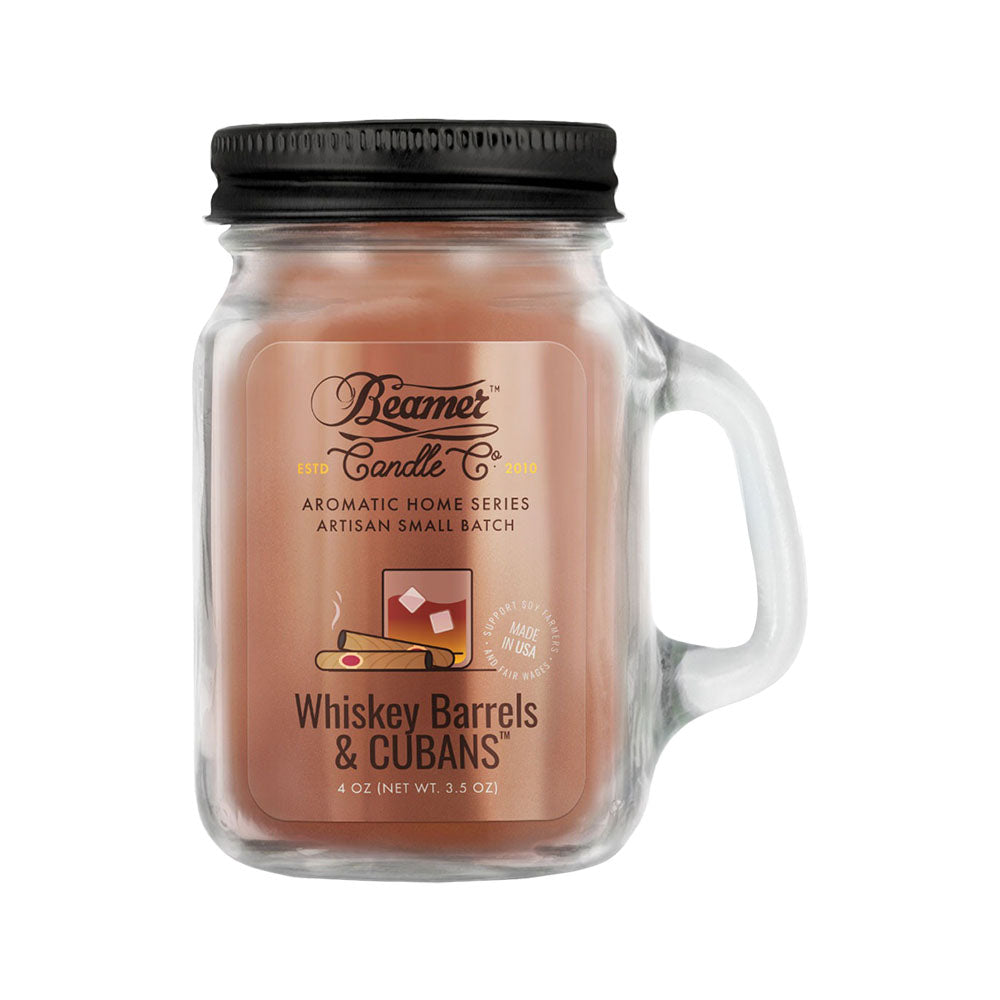 Beamer Candle Co. large soy wax blend mason jar candle with Whiskey Barrels & Cubans scent, USA made