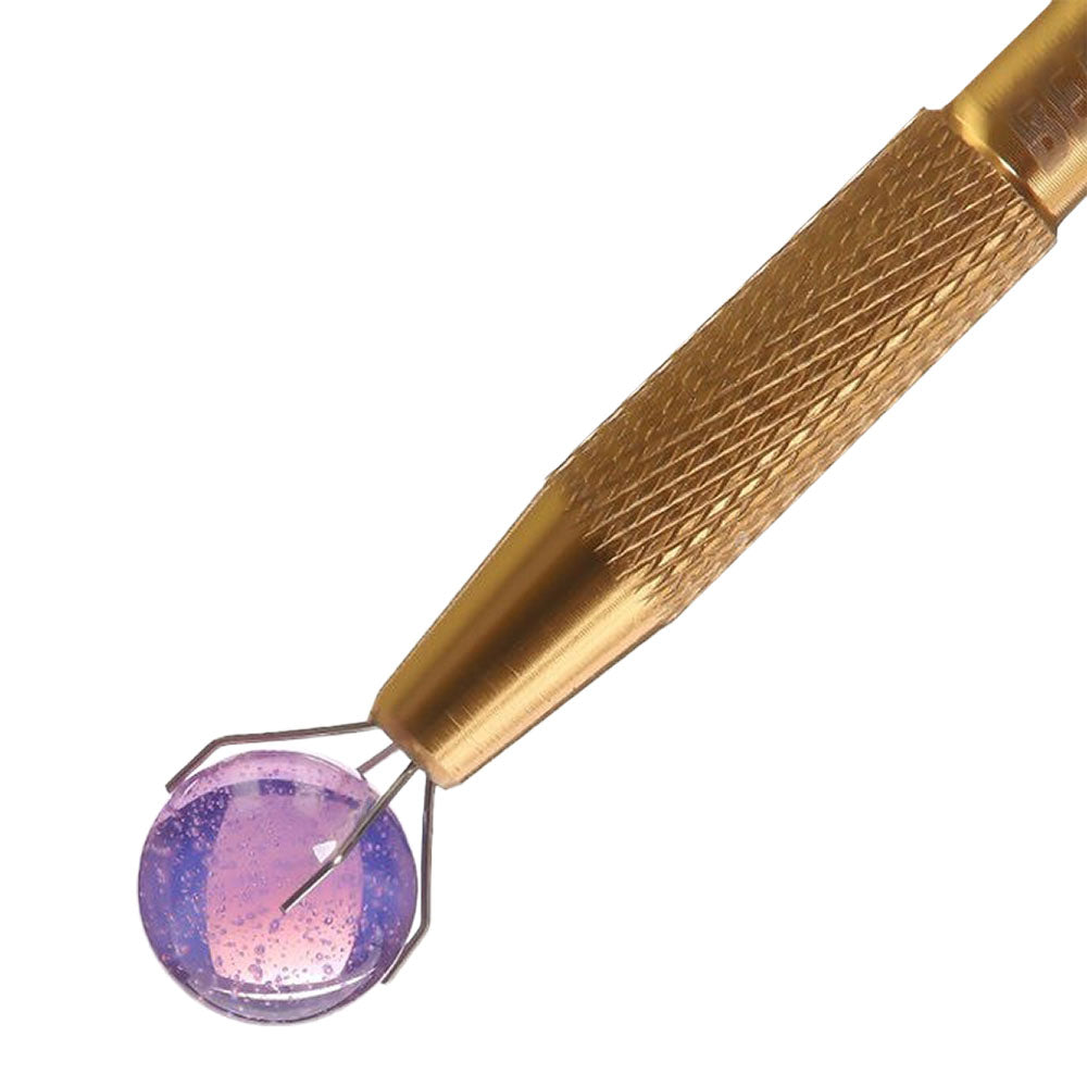 Bear Quartz Bear Claws Grab Tool close-up, gold steel with purple detail for dab rigs