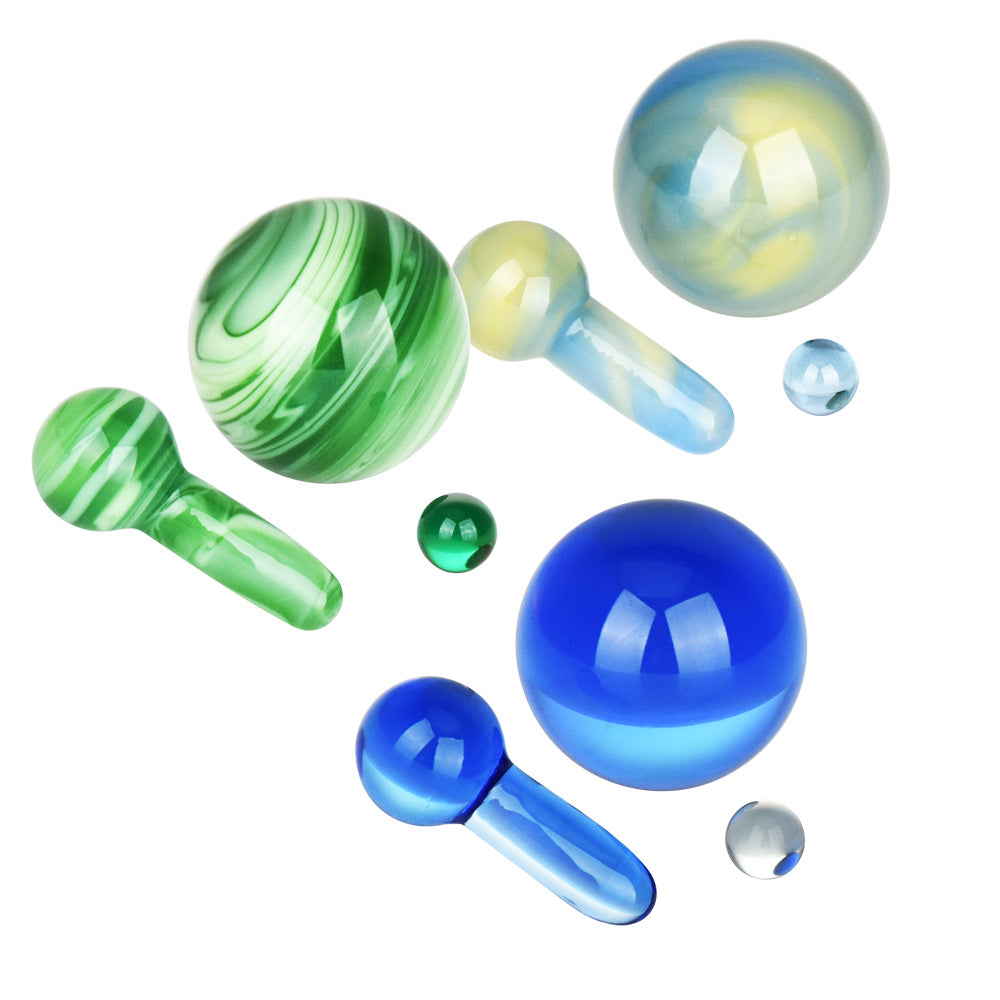 Bear Quartz Hanging Pillar Terp Marble Set for bongs, vibrant colors, top view on white background