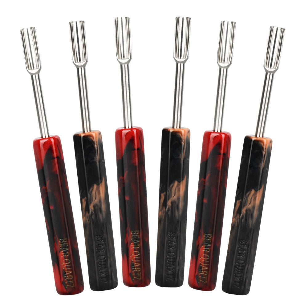 Bear Quartz Resin Handle Scoop Tip Dab Tools, 4.5" 6pc Set, Black and Clear, Front View