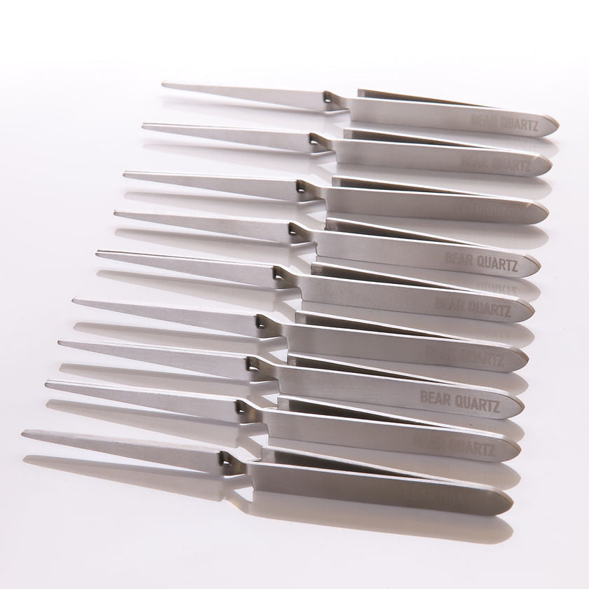 Bear Quartz Reverse Tweezers set fanned out, steel dab tools for rig maintenance
