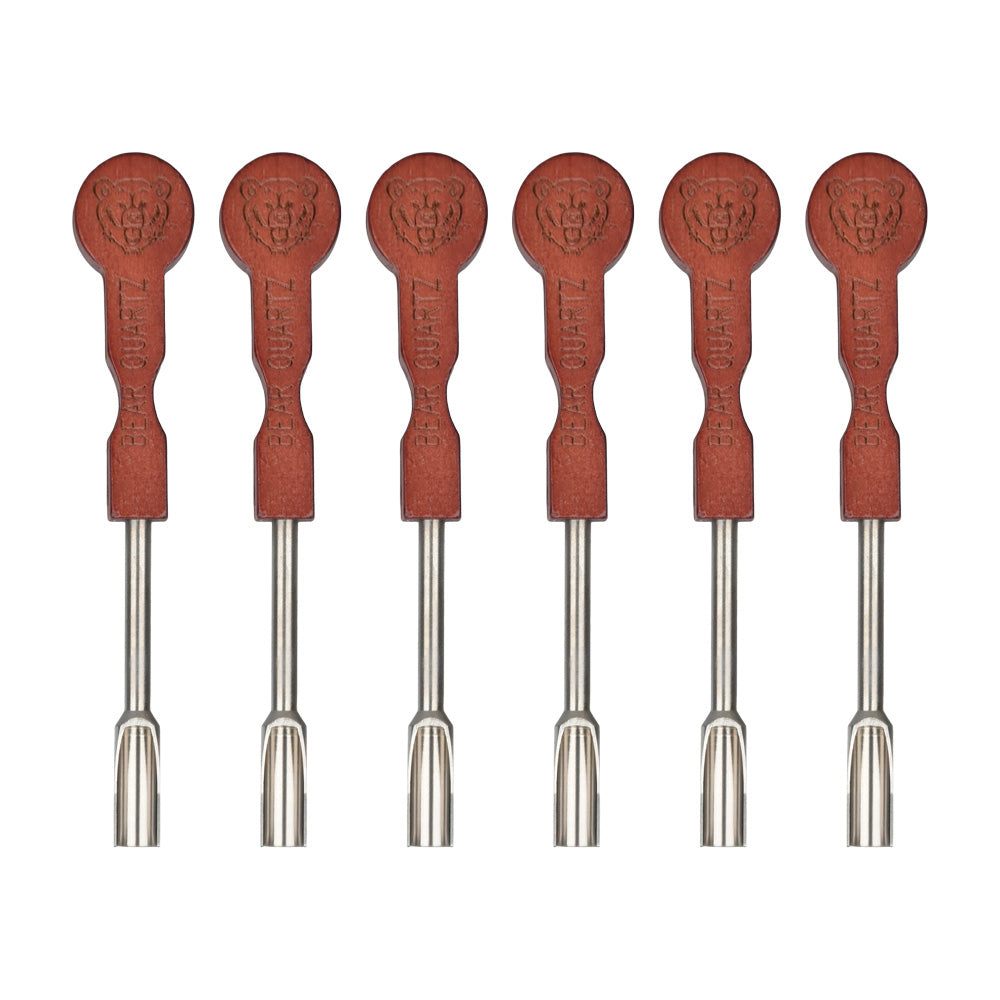 Bear Quartz Wood Handle Scoop Tip Dab Tools, 5.25" length, 6-piece set on white background
